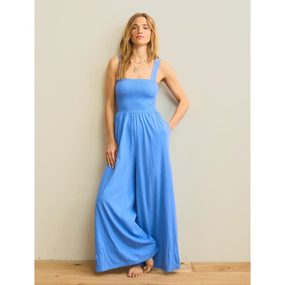 American Eagle Smocked Wide Leg Jumpsuit Blue Sleeveless Pockets Large